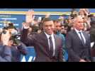 Kylian Mbappe greets fans outside the Parc des Princes stadium