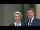 French President Emmanuel Macron welcomes Ursula Von Der Leyen at the Elysee Palace