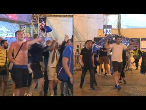 Victorious Chelsea fans celebrate as they leave Porto stadium