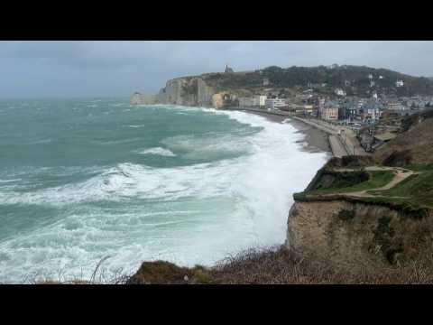 Storm Eunice hits the cliffs of Etretat and Le Havre in northern France