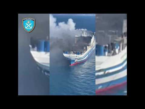 Aerial view of fire on ferry off Greece