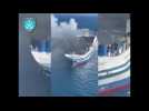 Aerial view of fire on ferry off Greece