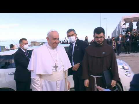 Pope Francis arrives at Mavrovouni migrant camp in Lesbos