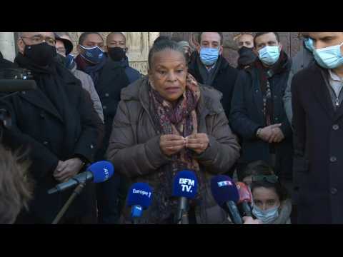 Former French justice minister Christiane Taubira speaks to media and supporters in Saint-Denis
