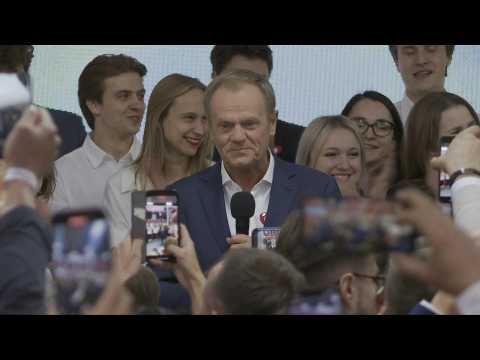 Poland's Civic Coalition party react as tipped to win majority at parliamentary elections