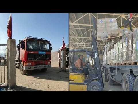 Aid lorries arrive on the Palestinian side of the Rafah border crossing