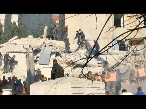 Emergency services at the site of deadly Israeli strike on Damascus