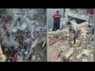 Palestinians inspect the rubble of destroyed buildings in Rafah refugee camp