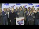 Serbian president Aleksandar Vucic arrives at his party headquarters