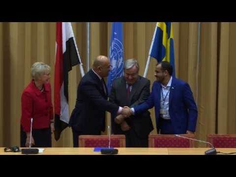 Rival sides in Yemen's war shake hands after agreeing ceasefire