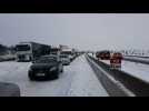 Watch video of After Heavy Snowstorms Lash France's Southern Hérault Department, Nearly 2,000 Cars Are Blocked On The Motorway Near The City Of Montpellier. IMAGES From A9 Motorway - Around 2,000 cars stranded in snow in southern France - Label : AFPTV - First images -