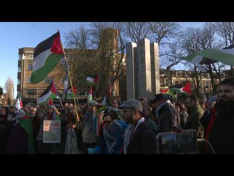 Pro-Palestinian demonstrators chant slogans outside Hague