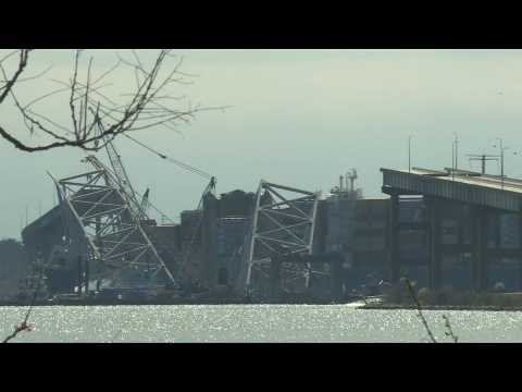 Images of collapsed Baltimore bridge as demolition crews work on it after ship collision