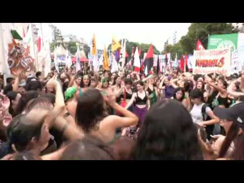 Argentine activists outside congress building on International Women's Day