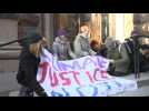 Climate activist Greta Thunberg blocks entrance to the Swedish Parliament