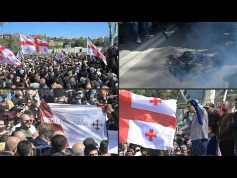 Georgian far-right party burns EU flag at rally in Tbilisi