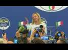 Italy's Far-right Meloni arrives on stage for her victory speech