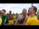 Brazilian fans celebrate the goal against Switzerland in Rio de Janeiro