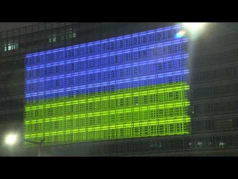 EU buildings in Brussels light up with Ukrainian flag to mark anniversary of Russian invasion
