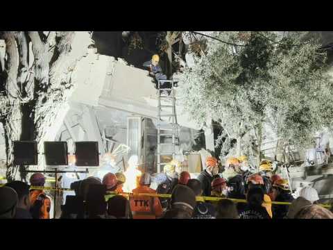 People outside collapsed building in Antakya as new quake hits Turkey and Syria
