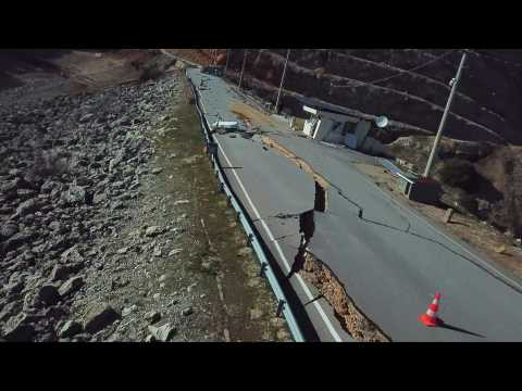 Aerial shots show damage done to a Turkey road traversed by earthquake fault line