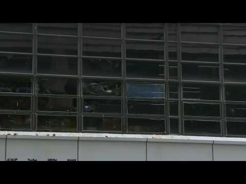 HK protests: damage at police station
