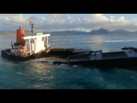 Aerial images ship leaking fresh oil off Mauritius coastline