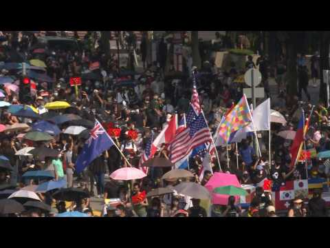 Myriads of flags and masks as Hong Kong democracy crowds defy police