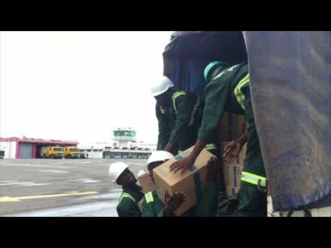 Food aid loaded into UN helicopters in Pemba, Mozambique