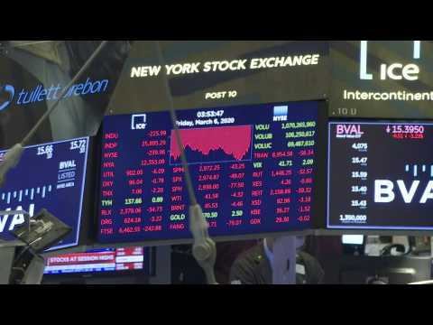 Closing bell at New York stock exchange as dow ends 3.6% lower on coronavirus fears