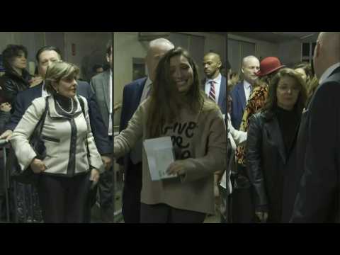 Allred and plaintiffs Jessica Mann, Annabella Sciorra and Mimi Haleyi exit court after Weinstein sentencing