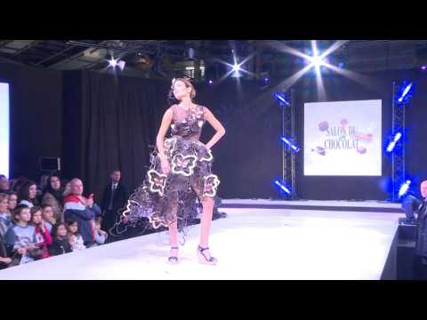 Models wear chocolate outfits at Paris Chocolate show