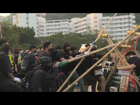 Hong Kong student protesters test DIY catapult