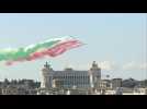 Military jets fly over Rome releasing colours of the Italian flag on Republic Day