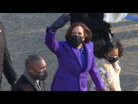 Vice President Kamala Harris walks inaugural parade route