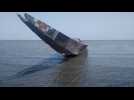 Damaged boat after it capsized with 40 children onboard in NW Nigeria