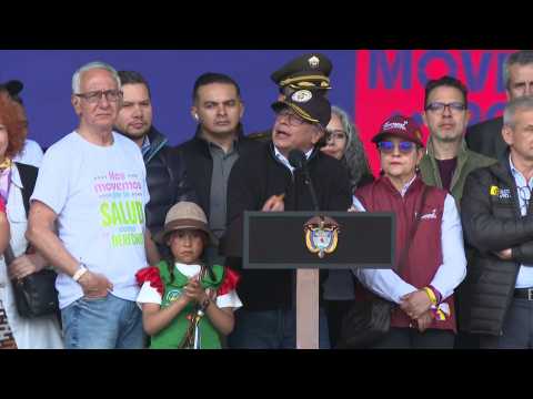 Colombian President Gustavo Petro speaks as thousands gather in the capital