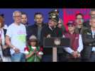 Colombian President Gustavo Petro speaks as thousands gather in the capital