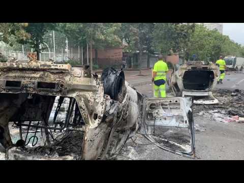 Damage and burnt-out cars after overnight clashes in Nanterre