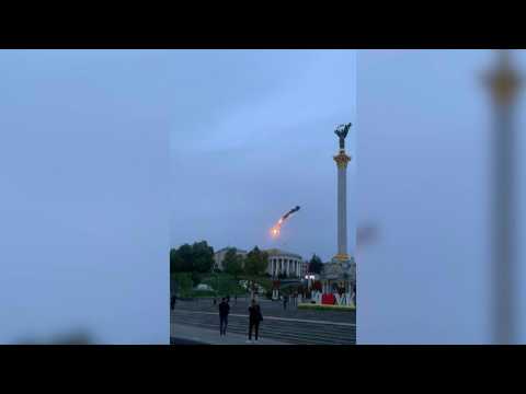 Crowd cheering as drone shot down over central Kyiv