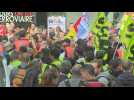 Employees protest outside headquarters of rail group Fret SNCF