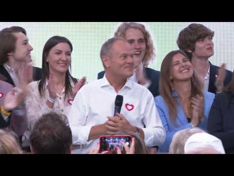 EU elections: Polish PM Donald Tusk reacts at party headquarters